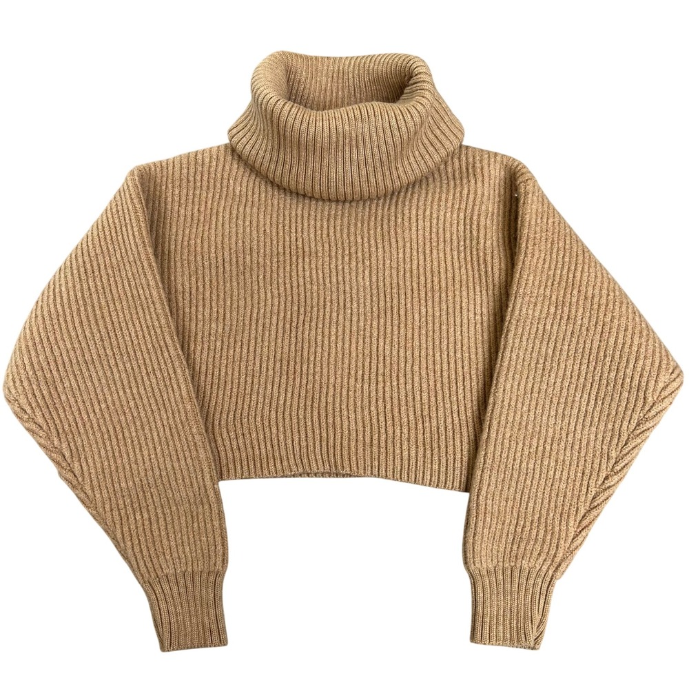 Babaton 100% Merino Wool Cropped Ribbed Turtleneck Sweater Brown Quiet Luxury S